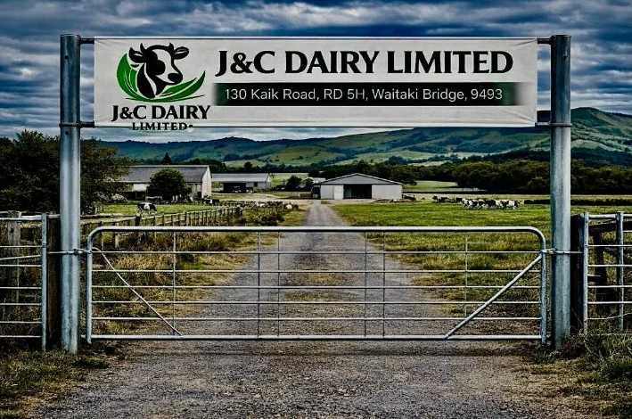 J&C Dairy Limited entrance gate and farm buildings